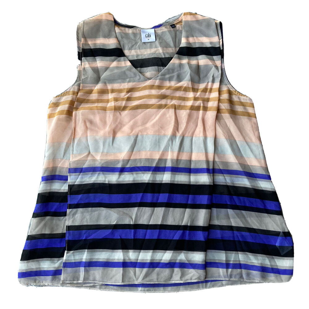 CABI Womens Sz M Blouse Multicolor Striped Chiffon Sheer V-Neck Tank Top Pastel